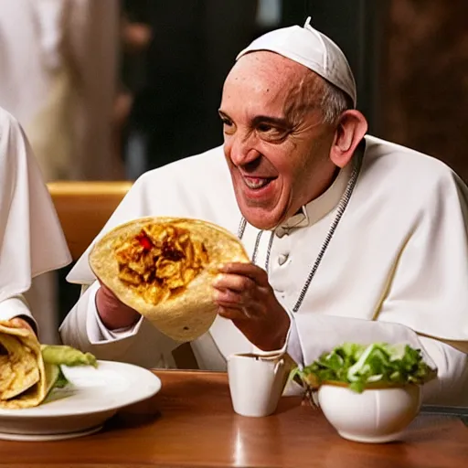 Image similar to young pope francis eating a burrito with john malkovich,