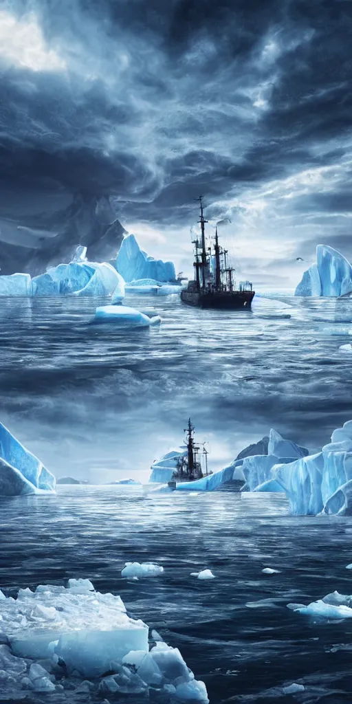 Prompt: ship in turbulent waters in antartica, icebergs in the background, hyper realistic, highly detailed, digital art, apocalyptic, intimidating lighting, raytracing, sharp focus, smooth, romanticism