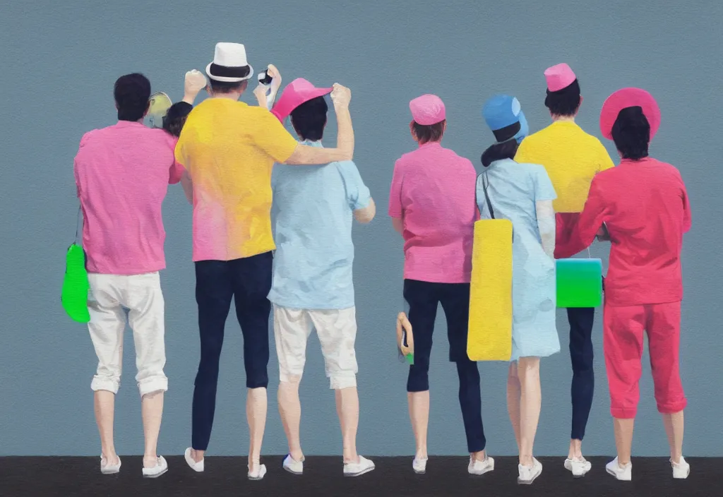 Image similar to full body portrait of a trio of european tourists with nikon cameras, rear views, character designs painting, in the style of wes anderson, rene magritte, lola dupre, david hockney, isolated on white background, dark monochrome neon spraypaint accents volumetric octane render