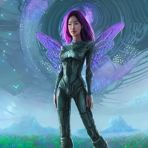 Image similar to ultra realistic illustration of cyber fairy, song hye - kyo, alien homeworld, epic landscape, swamps, advanced technology, special effects, colorful lights, space ship in the distance, intricate, elegant, highly detailed, digital painting, artstation, concept art, smooth, sharp focus, illustration, art by artgerm and tim mcburnie and anato finnstark