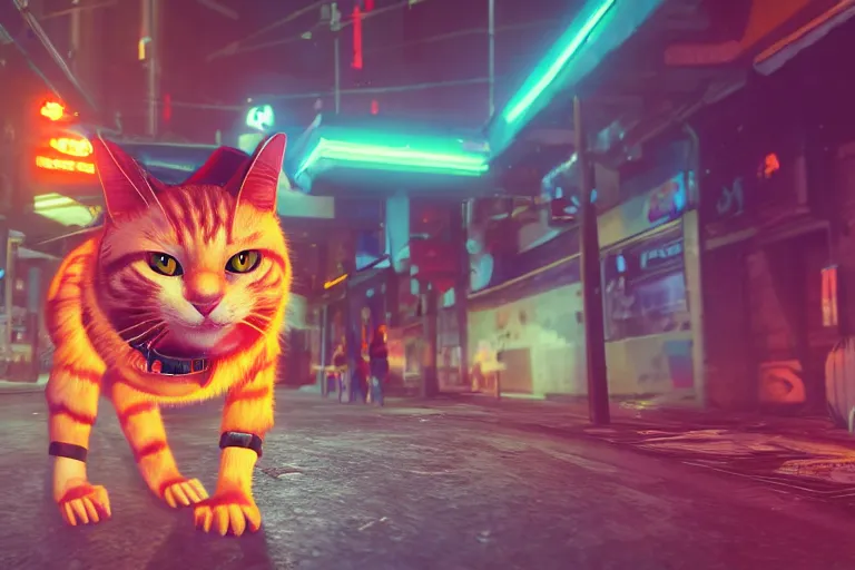 Prompt: cyberpunk ginger cat in the city, neon lighting, rendered in unreal engine, trending on artstation