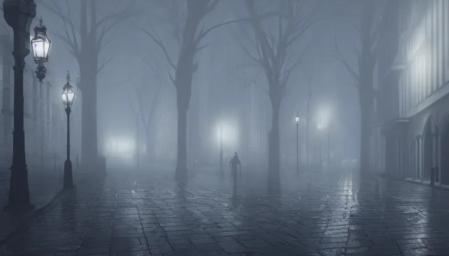 Image similar to empty streets of neo - gothic london, wet streets, fog, cold, hyperdetailed, artstation, cgsociety, 8 k