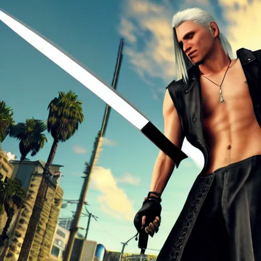 Prompt: Screenshot of Sephiroth in the game GTA V, highly detailed