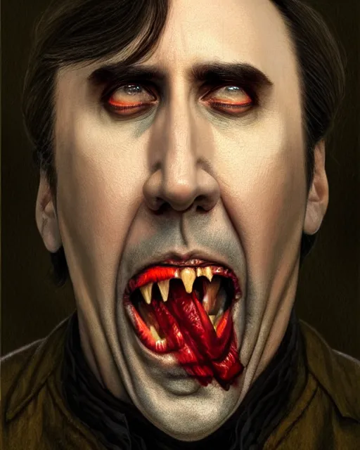 Prompt: nicolas cage as dracula, dogtooth, highly detailed, centered, artstation, concept art, smooth, sharp focus, illustration, bokeh art by artgerm and donato giancola and joseph christian leyendecker