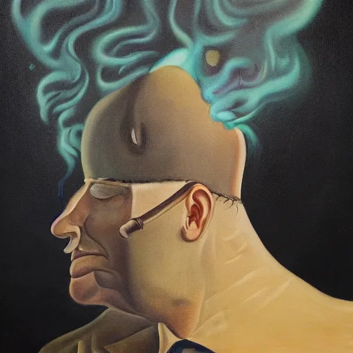 Image similar to a surreal painting of a man with a chimney in his head and smoke coming out