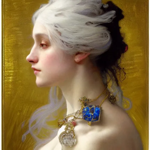 Image similar to a highly detailed beautiful white haired woman, adorned with precious stones and thin gold tendrils, by jeremy mann, by alphonse mucha, by william - adolphe bouguereau, 4 k resolution, trending on artstation, very very detailed, masterpiece, stunning, intricate,