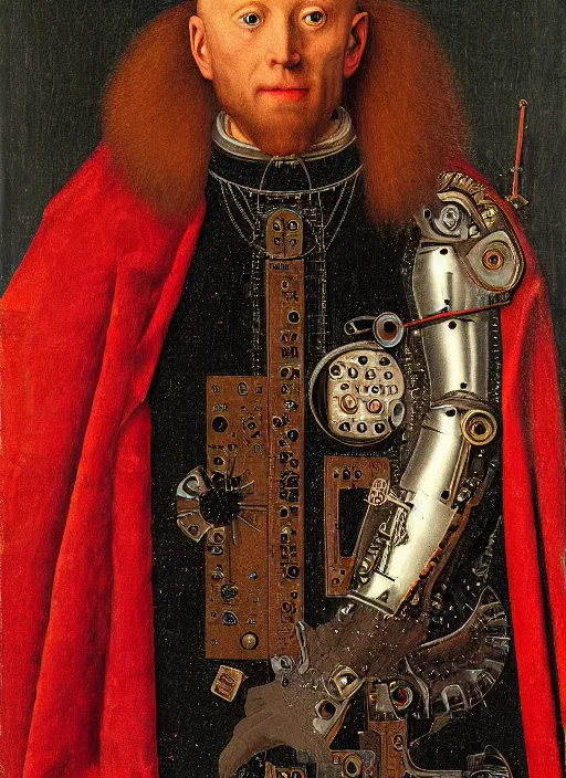 Prompt: a portrait of cyborg king connected to a brain-machine interface by Jan van Eyck, renaissance style