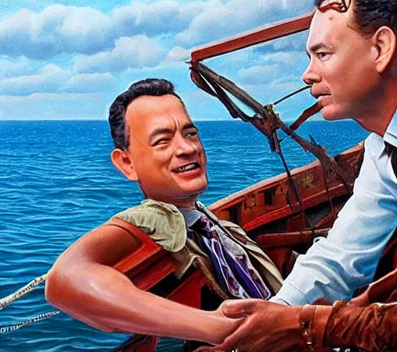 Image similar to Tom hanks as forrest gump sitting in a giant shrimp boat, majestic beautiful world, realism painting, amazing detail