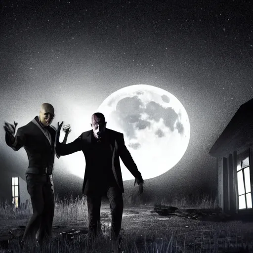 Prompt: An dramatic shot of an badass, injured MIB agent encountering an zombie for the first time in a abandoned farmhouse at night, with the moon out, detailed, ominous