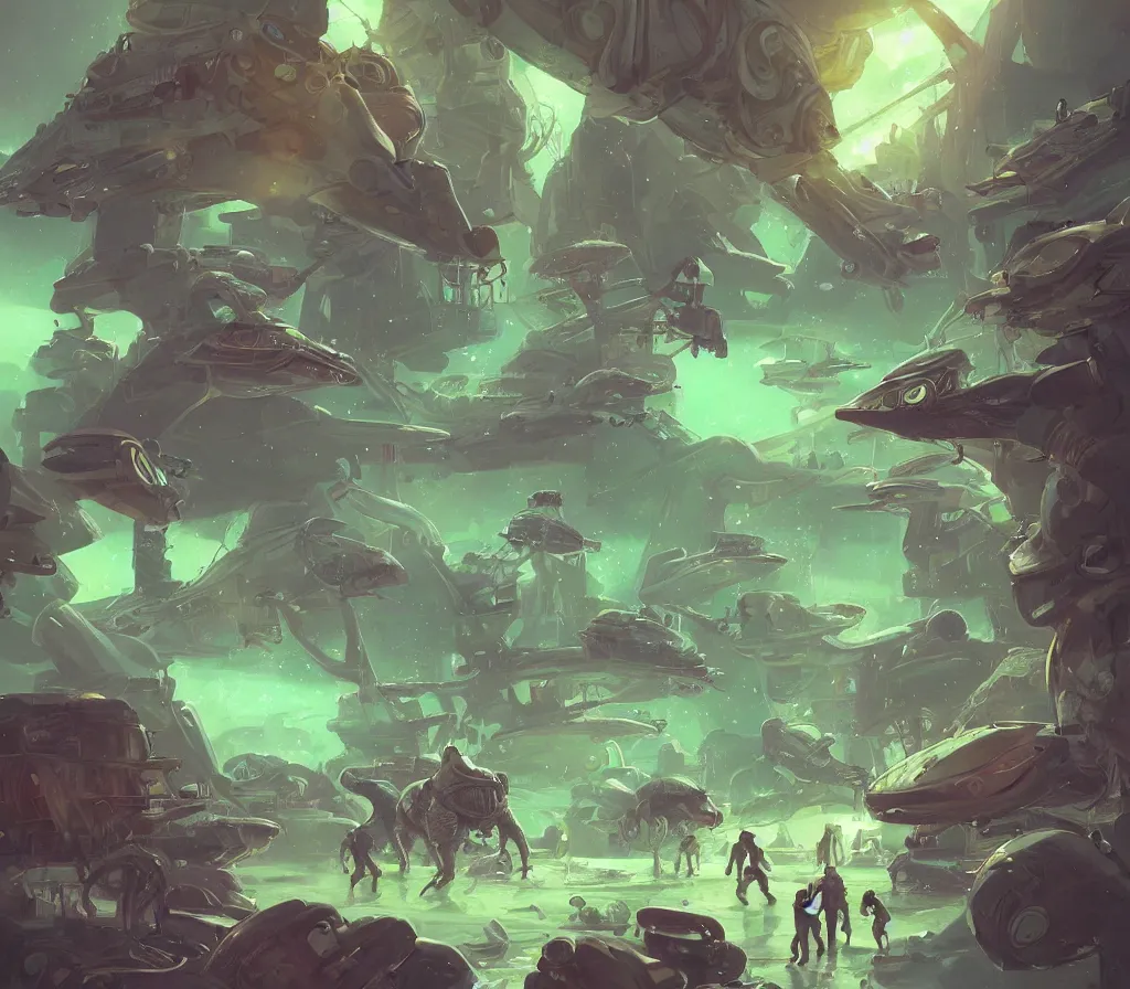 Image similar to Astronauts are having a party with a green aliens and some dinosaurs on Pluto, by Jordan Grimmer, digital art, trending on Artstation,