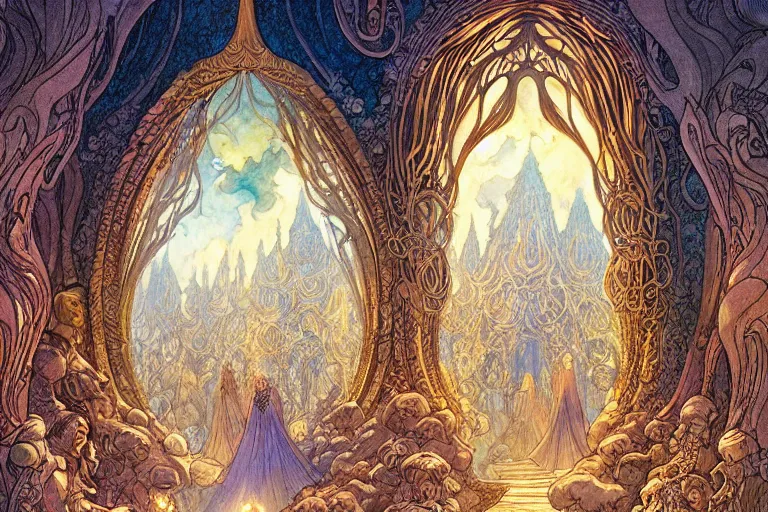 Prompt: a delicate mtg illustration by rebecca guay and charles vess of a large group of people entering the glowing doorway of a massive vulva - shaped temple constructed of carved iridescent pearls and house - sized crystals of smooth and organic architecture floating in the astral plane