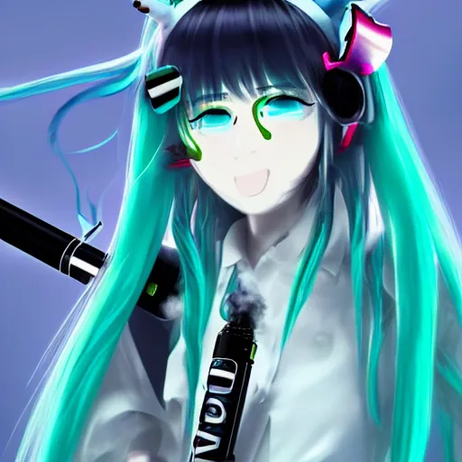 Image similar to hatsune miku smoking weed with a vape pen, smoke coming out of her mouth, bloodshot eyes, artstation, 4 k