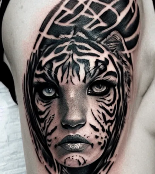 Image similar to tattoo design of a beautiful girl warrior under a tiger head, hyper realistic, realism tattoo, by eliot kohek, beautiful eyes, realistic face, black and white, white background