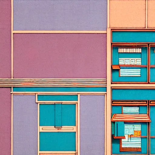 Prompt: building facade on japanese street in pastel and vibrant colors and muted colors, abstract formed from many different sized rectangles, in the style of lithography, by geof darrow