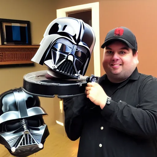 Image similar to Rich Evans with a Darth Vader! helmet! holding a Astromech toy!