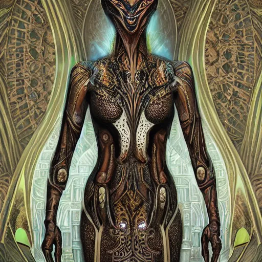 Image similar to portrait of tall, long-necked lipless mutant woman covered with elaborately patterned brown and white scales wearing gauze toga and standing in cyberpunk art deco mosque, alien bestiary by Barlowe, Greg Rutkowski, and Yoshitaka Amano