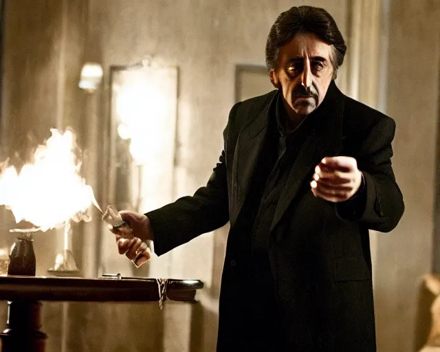 Prompt: mafioso ( al pacino ) examines a magical glowing object ; scene from the modern hbo mini series / the outfit /, a supernatural mafia crime thriller about magical monster - hunting mafiosi in philadelphia, hd 8 k film photography, with modern supernatural horror aesthetic.