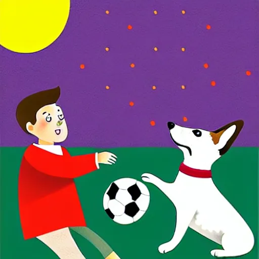 Image similar to illustration of boy playing football with a corgi wearing a polkadot scarf on the streets of paris