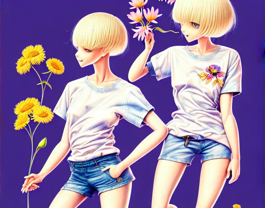 Image similar to richly detailed colored pencil 3D illustration of a beautiful French woman with short bleached blonde hair wearing a long Tshirt and black shorts that is sewing thread drawings of flowers into her thigh. mirrored background with completely rendered reflections, art by Range Murata and Artgerm.