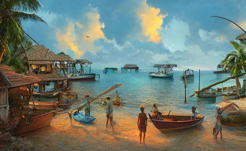 Image similar to a little fisher village on a tropical island, wood pier and houses, nets and boats, scenic view, sunset, matte painting by marc simonetti and rhads and donato giancola, trending on artstation