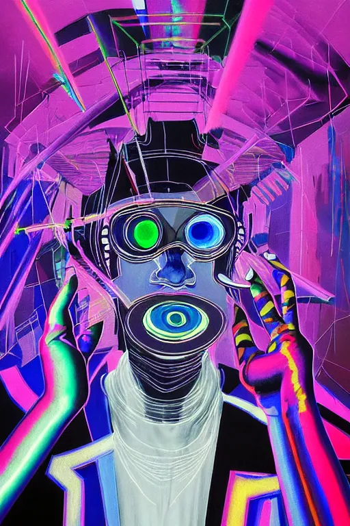 Image similar to a highly detailed beautiful masterpiece portrait painting of a technomancer wizard in dazzle camouflage robes with pointed hood facetiming his AI djinn hologram in his laboratory near a holographic super-computer by Remedios Varo and Anato Finnstark and Greg Rutkowski and Andy Warhol, dayglo pink, dayglo blue, prismatic, pearlescent white, raven black, glowing, hyperrealism, 8k, trending on ArtStation, rendered in Octane, rendered in Unreal engine, award winning, volumetric lighting, fisheye lense
