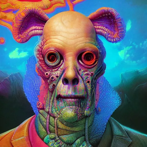 Prompt: Hyperdetailed psychedelic horror fantasy portrait of Mr Flibble by Wayne Barlowe and Beeple, vivid color, album cover,