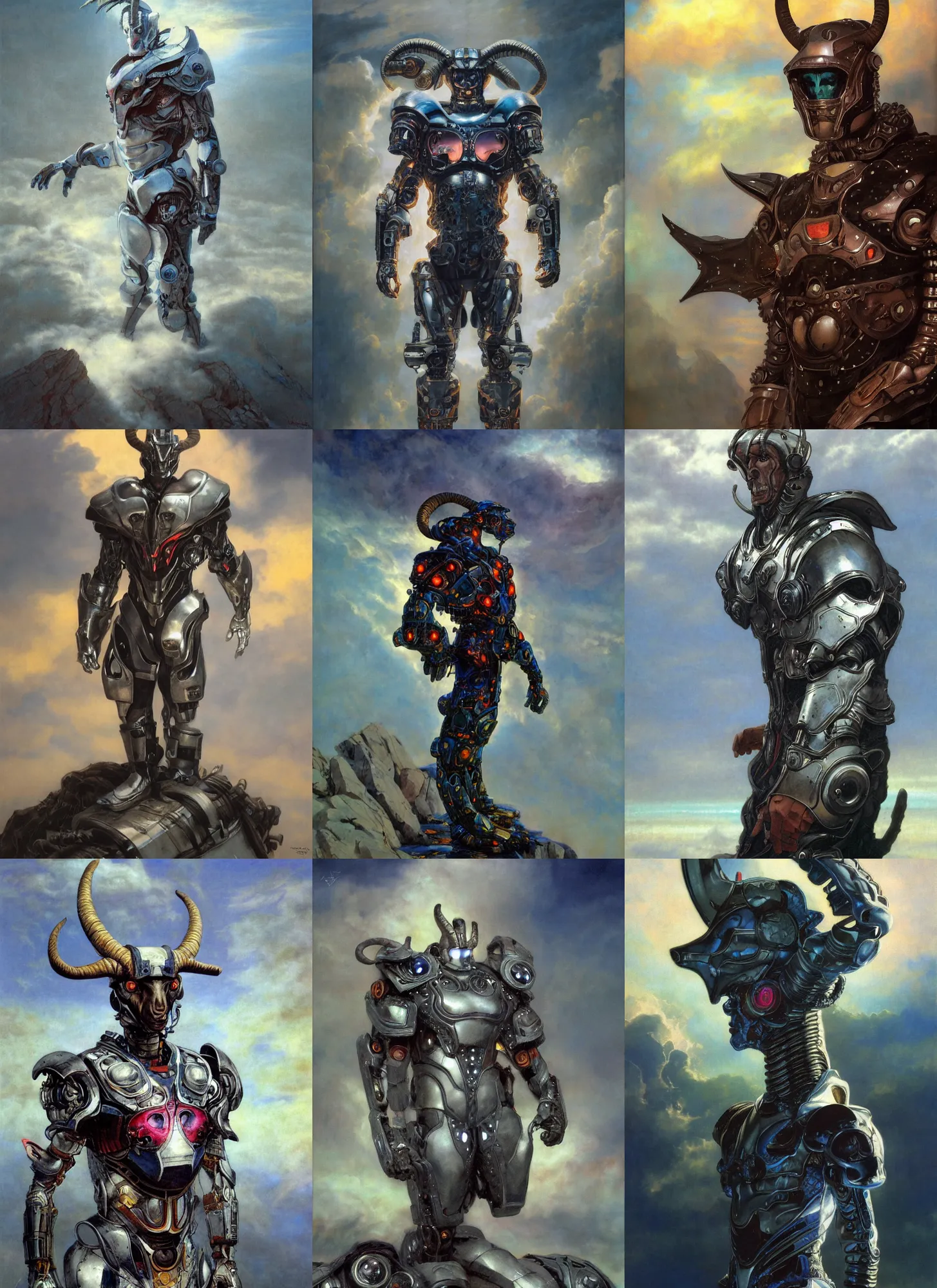 Prompt: portrait of epic anthropomorphic goat cyborg neon armor, in clouds, cinematic studio light, windy, sunrise, by gerald brom, by mikhail vrubel, by peter elson, muted colors, extreme detail, trending on artstation