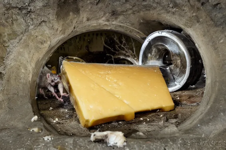 Image similar to a mutant disgusting rat eating cheese in a sewer, photograph, terror, horror, mutant,