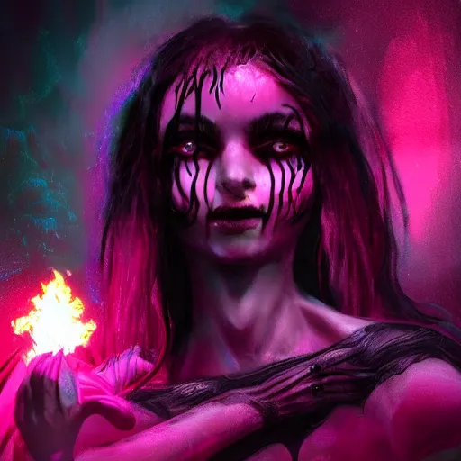 Prompt: young novice witch summons burning demon serious colorful girly pink and black 4 k high definition soft diffuse lighting artstation trending path traced contrast light and dark colorful bokeh massive scale cinematic breathtaking by h. r. giger