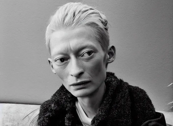 Image similar to professional fine detailed photo portrait of young tilda swinton from makhachkala, dagestan. kid tilda swinton in the postsoviet suburbia, iphone photo, instagram, black and white - - cfg _ scale 7