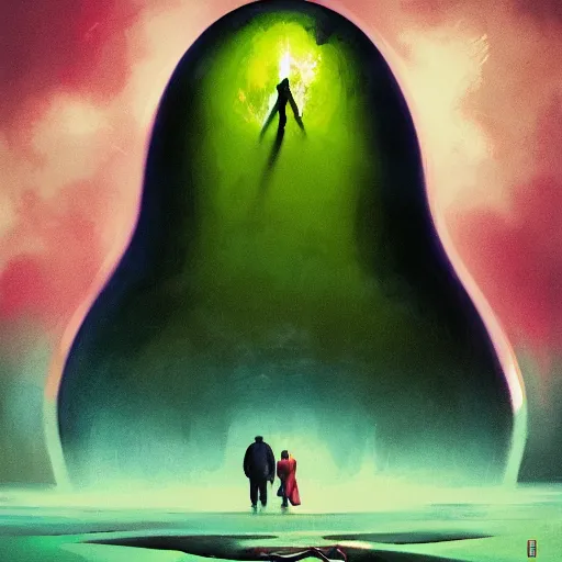 Image similar to a movie poster for the blob!, a giant green gooey sentient slime being, midnight suburbia, movie poster, rhads!!!!, greg rutkowski, ominous masterpiece, trending on artstation