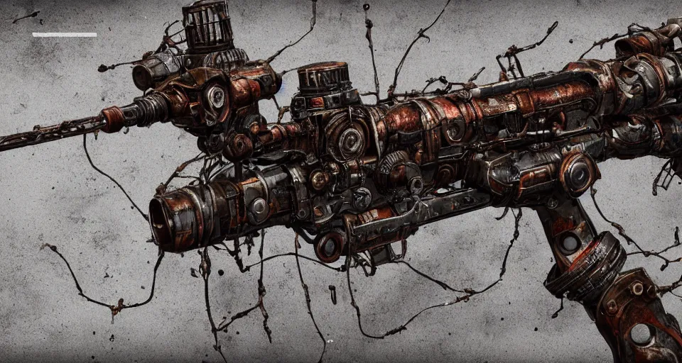 Prompt: Techno-biological rusty rifle consisting of tumors, veins, muscles, bones, kidneys, wires. Biopunk, body-horror, high detail, photorealism, full length view, very rust, concept art, octane render, 8k