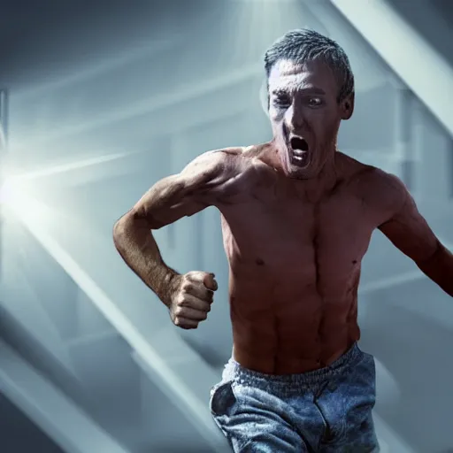 Image similar to an anti - vaxxer running in fear from the corona virus, photo realistic, dramatic lighting