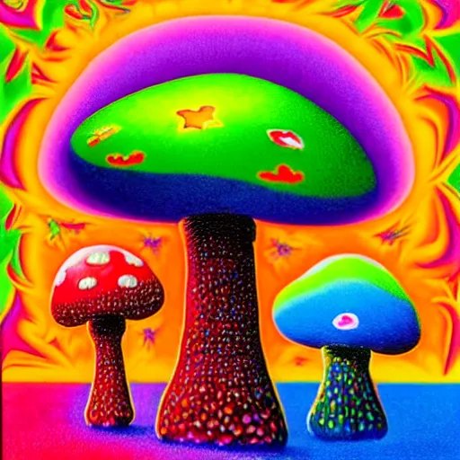 Prompt: a colorful fractal 3 d mushroom in a psychedelic world, peace and love, by peter max and mark ryden