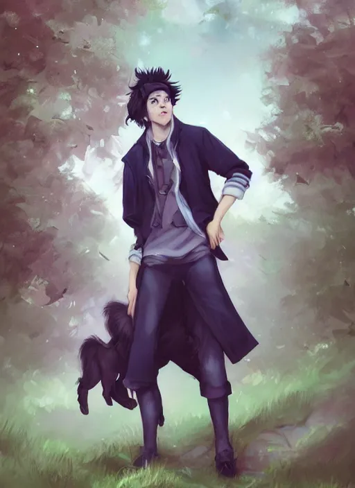 Image similar to beautiful wide angle full body portrait of a cute male anthropomorphic anthro border collie fursona wearing indigo clothes in a park, character design by charlie bowater, henry asencio, and ross tran, scenic background, detailed, glamor pose, aesthetic, trending on artstation, furaffinity, deviantart