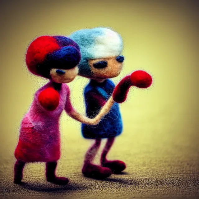 Prompt: needle felted person fighting, highly detailed, tilt shift, cute, hyperrealism, highly textured, god rays