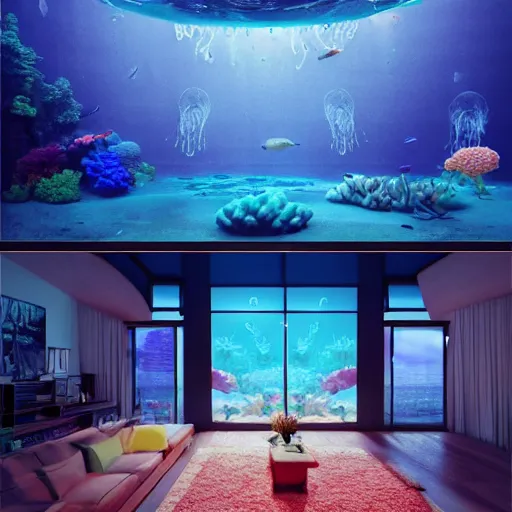 Image similar to the realistic photo of the modern room as aquarium with a chandelier as a big jellyfish, beautiful corals on the walls and sharks in the big panoramic window, a lot of gleans, under the ocean, realistic colors, realistic shadows, daylight made in blender, hd, 3 d by beeple and by greg rutkowski