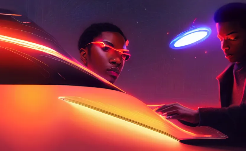 Image similar to handsome black genius hacking the metaverse, holographic keyboard and curved digital holographic displays, luxury interior, electric orange glowing lights, highly detailed, digital painting, artstation, concept art, smooth, sharp focus, illustration, art by wlop, mars ravelo and greg rutkowski