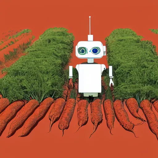 Prompt: Illustration of a small robot driving between rows of growing carrots, powerpoint, 3D-Illustration