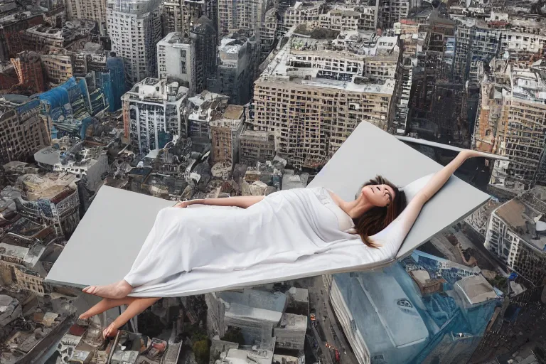 Image similar to a woman laying down on a flying mattress, she is looking down on the buildings far below her, uhd, 8 k, dreamy, photo, hyper detailed, photorealistic, trending on artstation.