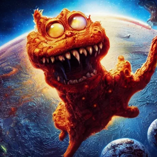 Image similar to eldritch horror bloody garfield in space, hd, 8 k, giant, epic, realistic photo, unreal engine, stars, prophecy, powerful, cinematic lighting, destroyed planet, debris, violent, sinister, ray tracing, dynamic, epic composition, dark, horrific, teeth, grotesque, monochrome drawing, hellscape