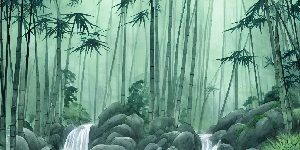 Image similar to misty japanese bamboo forest, japanese watercolour style, huge waterfall!!!!!, large rocky mountain, rule of thirds, sunny, cartoony, drawing, stylized anime, soft, by hayao miyazaki, ghibli studio, makoto shinkai, toei animation, studio trigger, trending on artstation, 4 k, hd