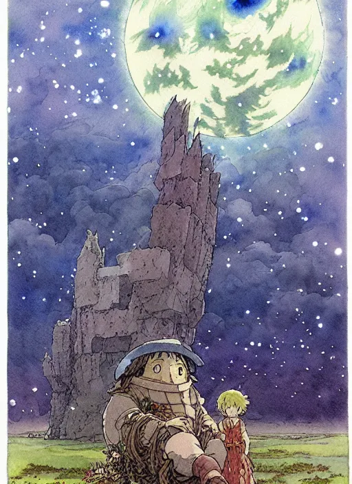 Image similar to hyperrealist studio ghibli watercolor fantasy concept art of a giant from howl's moving castle sitting on stonehenge like a chair. it is a misty starry night. by rebecca guay, michael kaluta, charles vess