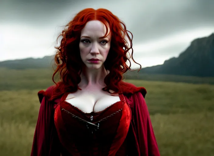 Image similar to filmstill christina hendricks the - lord - of - the - rings, 1 0 0 mm lens, canon eos, red cinema camera, frontal view, dynamic pose, intricate, elegant, highly detailed, centered, redshift, octane, smooth, sharp focus, zeiss lens,