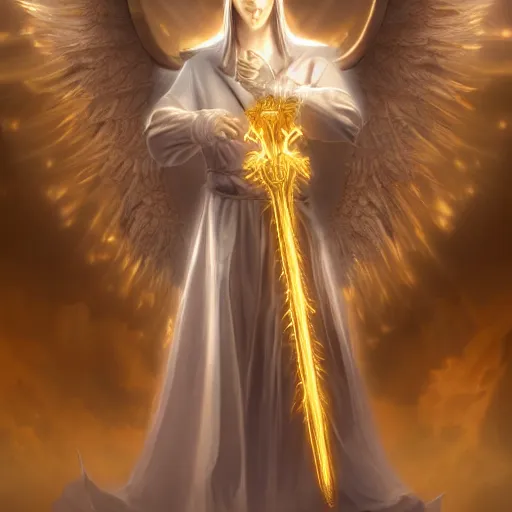 Image similar to Angel in white linen, golden armor, glowing sword in hand, translucent wings, concept character, beautiful, stunning, gold mist, radiating power, energy, god rays, luminescence, fractal, unreal engine, 8k