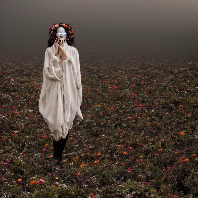 Prompt: The full body shot of beautiful pale woman with many flowers and full-face black mask inside a thick cloud black smoke in rocky desert landscape, glowing eyes, falling star on the horizon by Christopher Doyle, Gaspar Noe, Alejandro Jodorowsky, anamorphic lens, cinematic composition, award winning photo, 8k