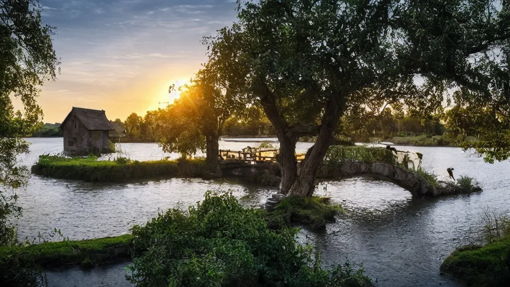 Image similar to small wooden cottage by the river, a tree with vines wrapped around it, two crows on the tree, tranquility, arch stone bridge over the river, an old man riding a horse on the bridge, sunset