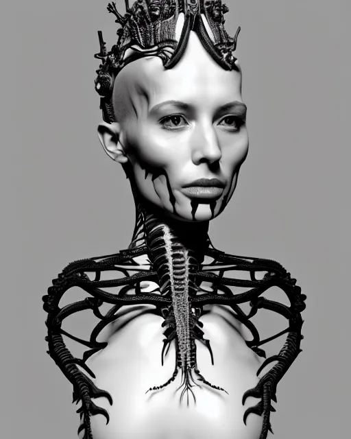 Prompt: a black and white 3D render of a young beautiful female queen-dragon-cyborg bust with a very long neck and a partial Mandelbrot fractal face, anatomical, flesh, facial muscles, veins, arteries, elegant, highly detailed, flesh highly ornate, cable wires, elegant, high fashion, rim light, octane render, in the style of H.R. Giger, Realistic, Refined, Digital Art, Highly Detailed, Cinematic Lighting, rim light, black and white, photo-realistic, 8K