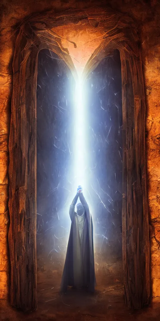 Image similar to a wizard in a cloak standing in front of a portal to wisdom, tall door, high ceiling, magic light, light beam, cinematic atmosphere, high definition, ultra detailed