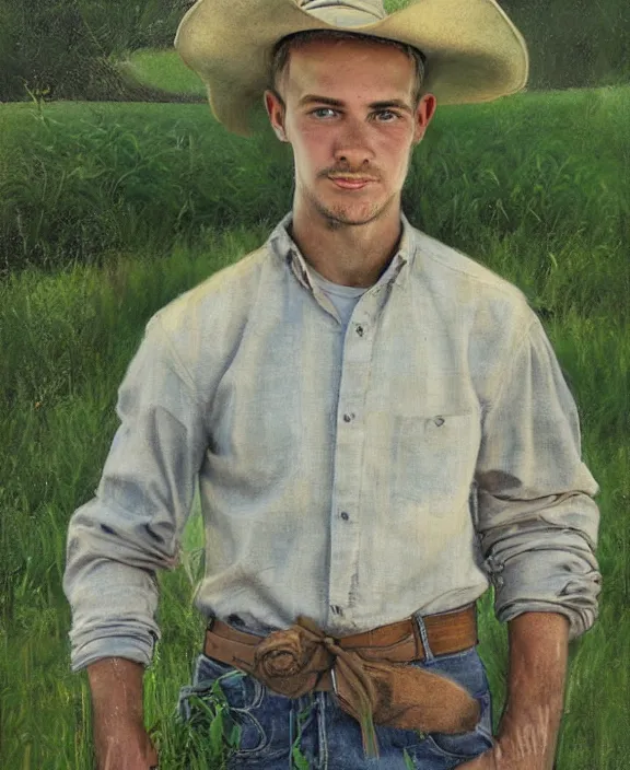Prompt: portrait of a handsome young ohio farmer, art by denys tsiperko and bogdan rezunenko, hyperrealism